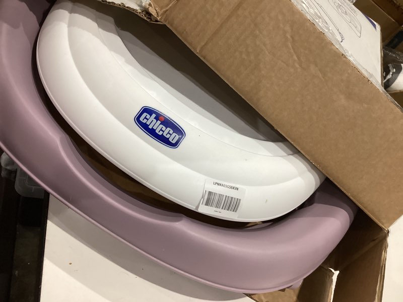 Condition photo showing As Is for chicco mod walker foldable infant walker, 3 height adjustments, bpa-free tray with 2 cup holders, brake pads, for children up to 26 lbs., space-saving compact fold, lavender/purple