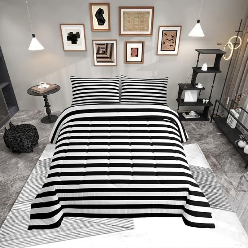 Merryword Black and White Striped Comforter Set Queen, 100% Cotton Reversible Comforter Set 3 Pcs, L