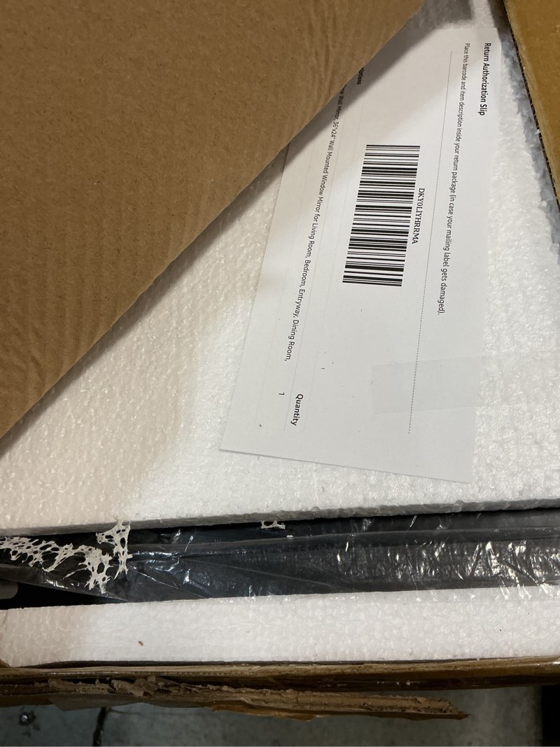 Condition photo showing New/Like New for lawada window pane wall mirror, 36"x24" wall mounted window mirror for living room, bedroom, entryway, dining room, home wall decor black 36"l x 24"w