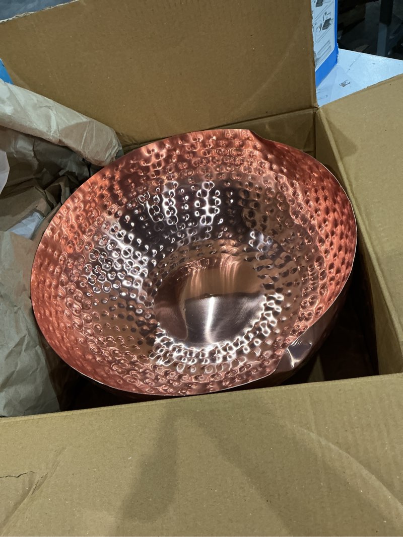 Condition photo showing As Is for creative co-op round hammered metal bowl, copper finish