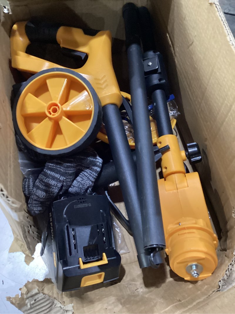 Condition photo showing As Is for electric weed wacker cordless, electric string trimmer with 3 types blades & removable auxiliary wheels, brush cutter & grass trimmer & lawn edger with for garden yard yellowb
