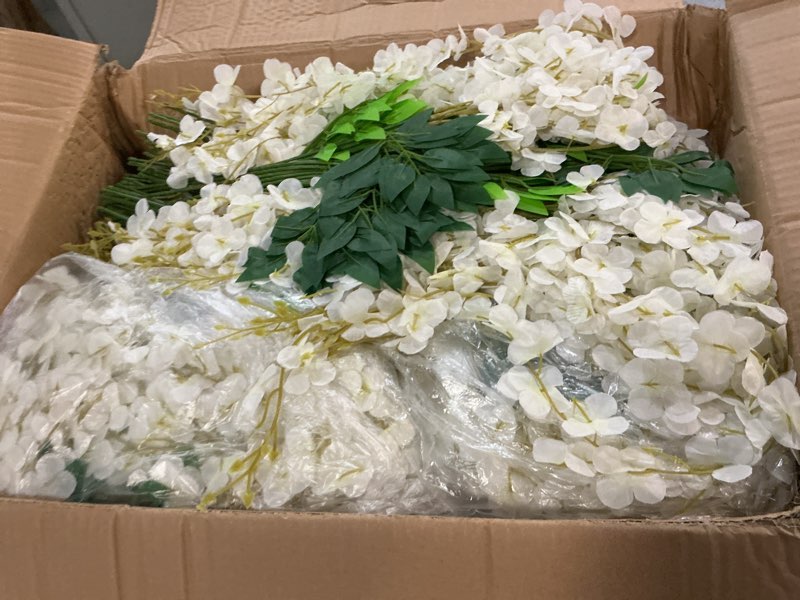 Condition photo showing Good Condition for riceshoot 240 pcs wedding artificial wisteria hanging flowers floral backdrop garland 43.3 in/ 3.6 ft silk fake wisteria vine rattan long wall string for home outdoor party decoration(milky white)