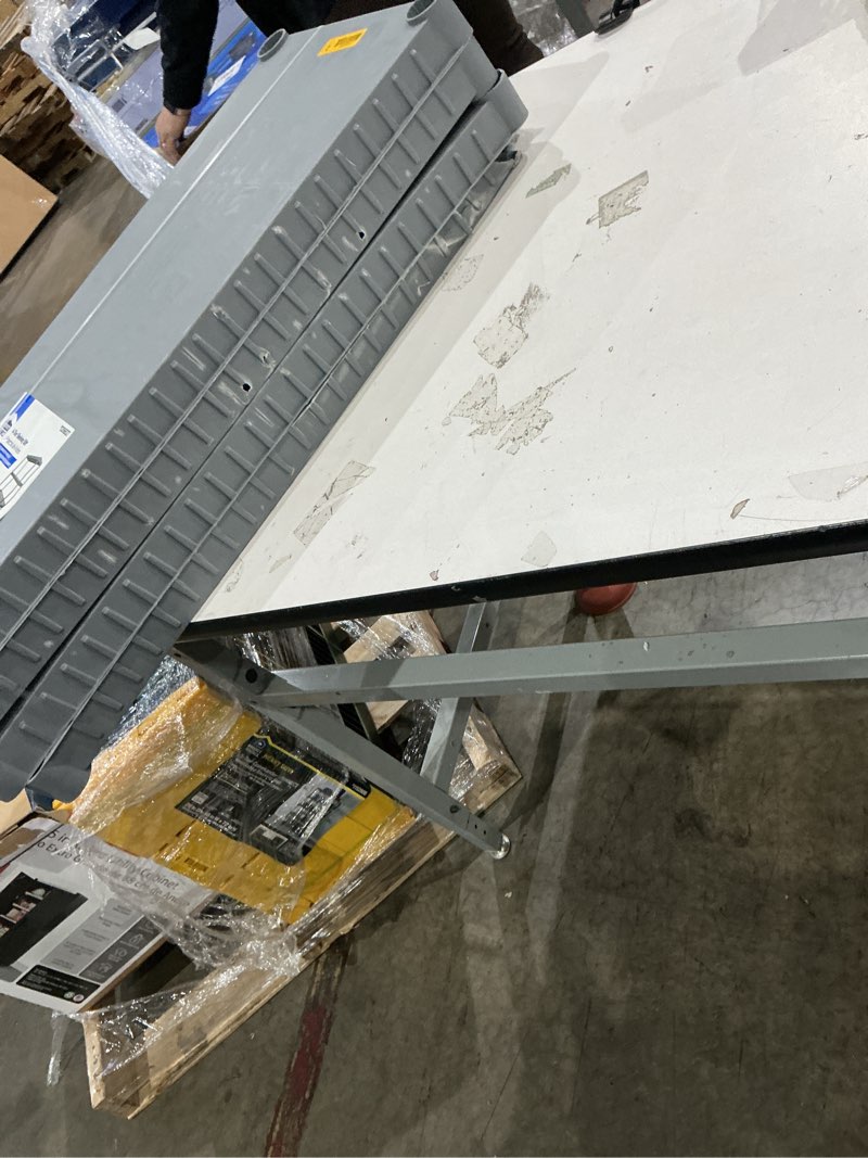 Condition photo showing As Is for project source plastic 4-tier utility shelving unit (34.75-in w x 15.06-in d x 52.625-in h), gray, (50-lb capacity per shelf)