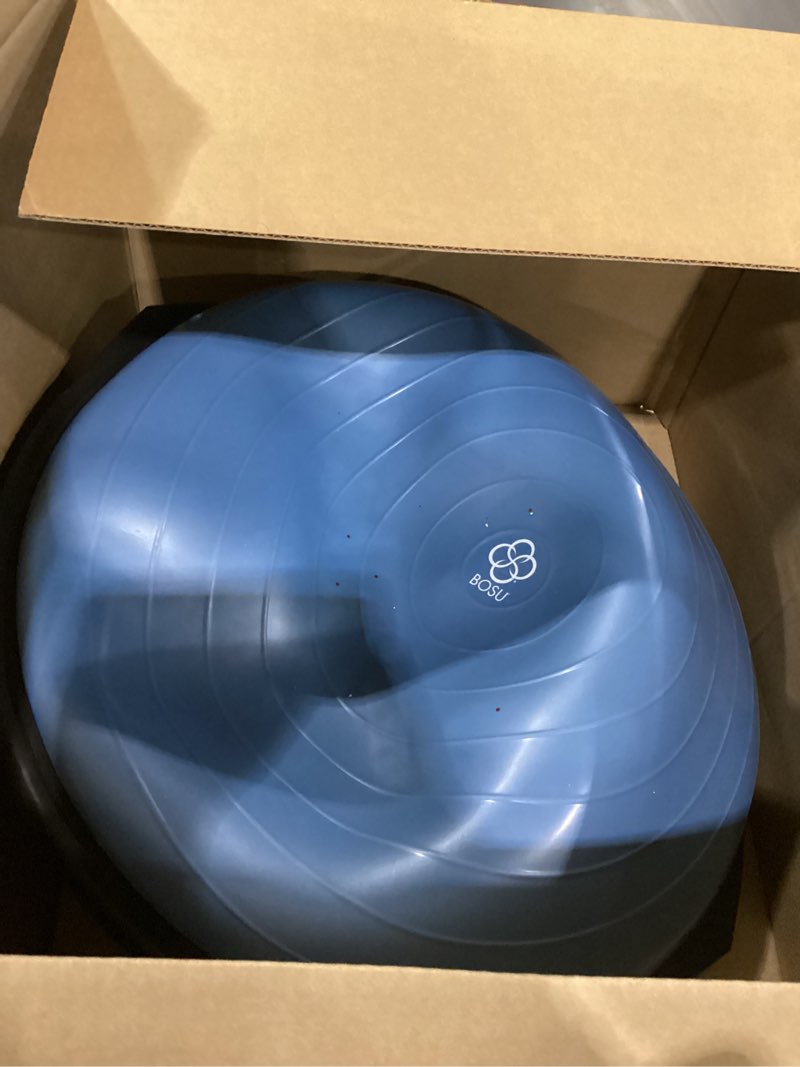 Condition photo showing Good Condition for bosu balance ball exercise trainer, home gym equipment w/ guided workouts & pump, 26", blue - inflatable fitness platform for strength training, standing, balancing, and core workout light blue/black