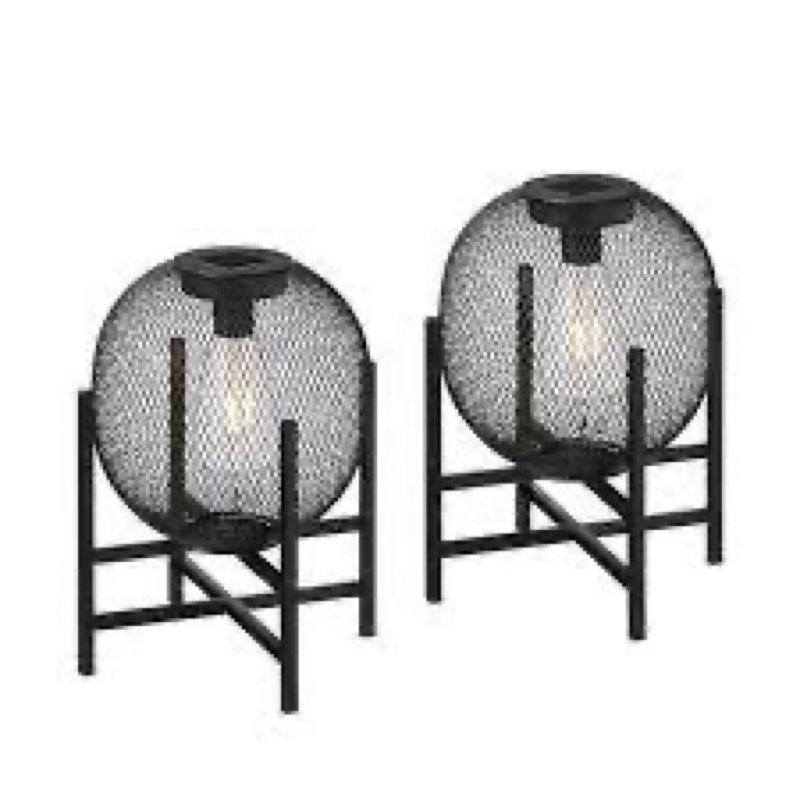 Glitzhome 11.5 in. H Set of 2-Metal Mesh Black Solar Powered Outdoor 