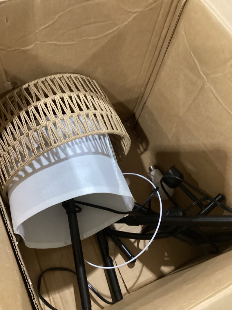Condition photo showing As Is for arc floor lamp for living room with 3 color temperatures, farmhouse floor lamps with remote & dimmable bulb, boho standing lamp with rattan & fabric shades, adjustable tall lamp for bedroom, office rustic