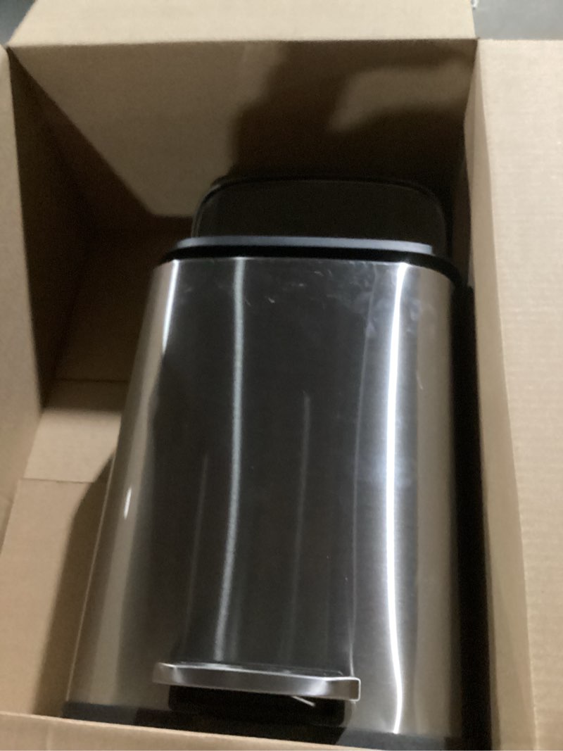 Condition photo showing Good Condition for Amazon Basics Smudge Resistant Small Rectangular Trash Can With Soft-Close Foot Pedal, Brushed Stainless Steel, 12L/3.2 Gal, 11.3x9.9x15.1 in, Satin Nickel Finish Satin Nickel Small, 12L/3.2 Gal