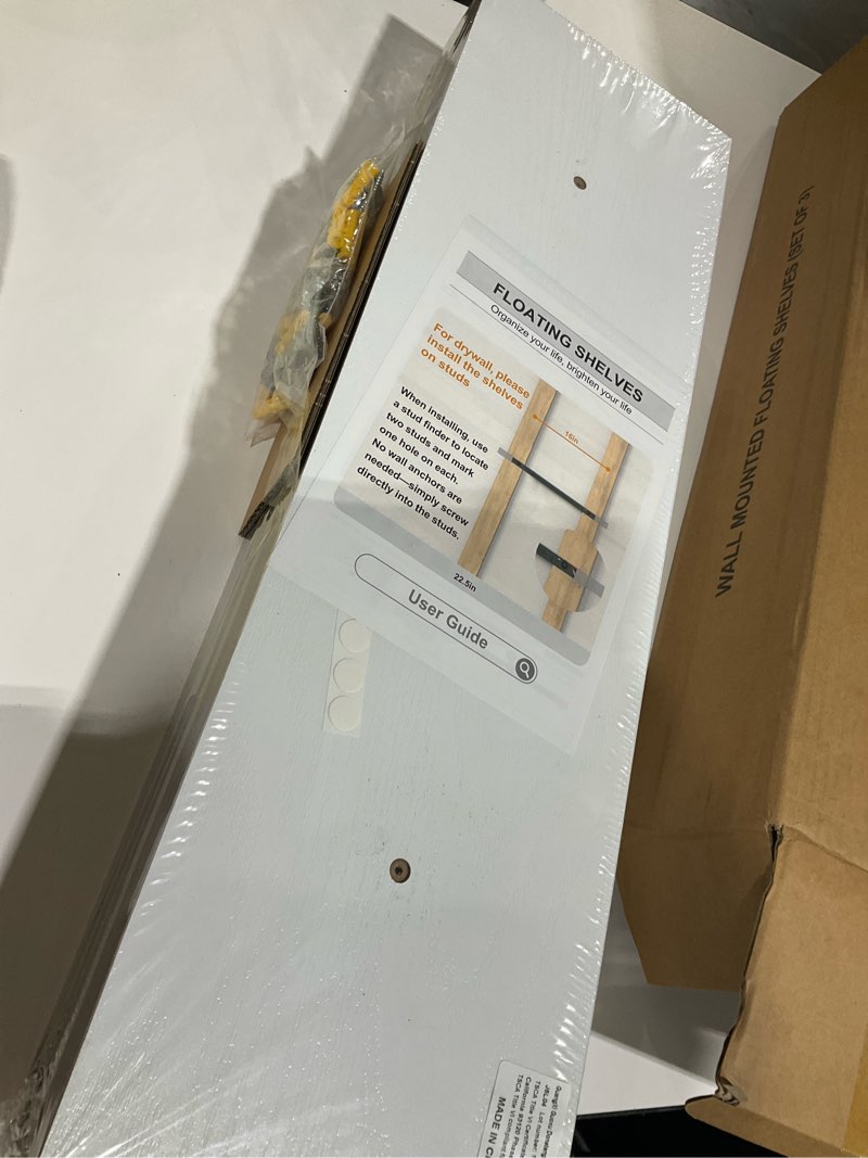 Condition photo showing Good Condition for bayka white floating shelves for wall, 22.5 inches wall mounted rustic wood shelves for bathroom, bedroom, living room, floating shelves for books/storage/decor (set of 3)