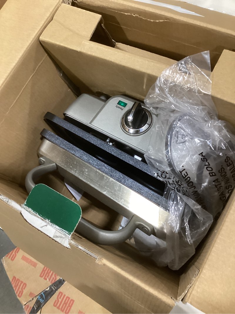 Condition photo showing As Is for Cuisinart Belgian Waffle Maker with Pancake Plates, Nonstick Plates, 6 Browning Levels, Ready Indicator Lights, Temperature Control, Deep Waffle Pockets, WAF-300NAS, Brushed Stainless New Square Belgian