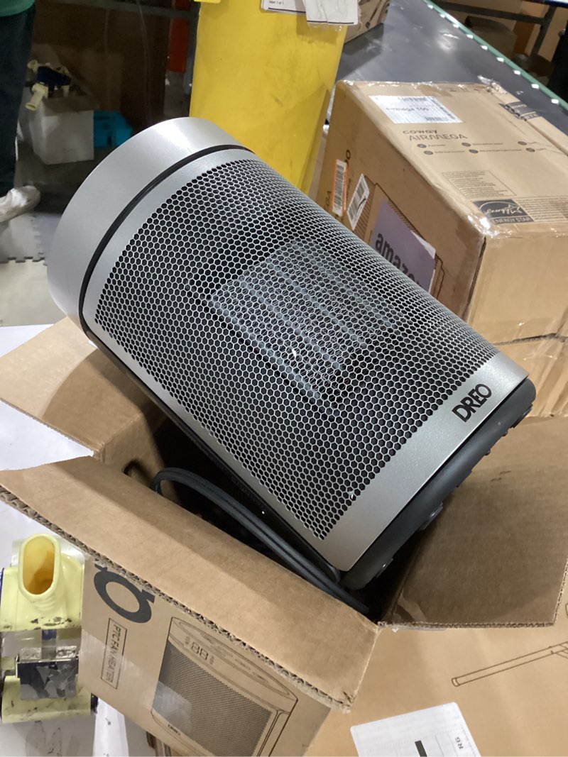 Condition photo showing As Is for incomplete   dreo space heater, portable electric heaters for indoor use with thermostat, 1-12h timer, eco and fan mode, 1500w ptc ceramic safety heat for office bedroom home, with remote, silver silver 10 inch