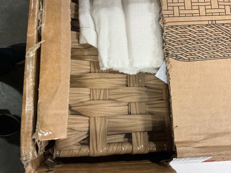 Condition photo showing New/Like New for Storage Basket with Lid Rattan Storage Basket with 2 Separate Lid, 27.8 Gallon (105 L) 25.2 * 15.4 * 16.1 Inches Woven Wicker Baskets with 2 Liners and Handles for Bedroom Laundry-Natural Natural 105L-25.2L*15.4W*16.1H