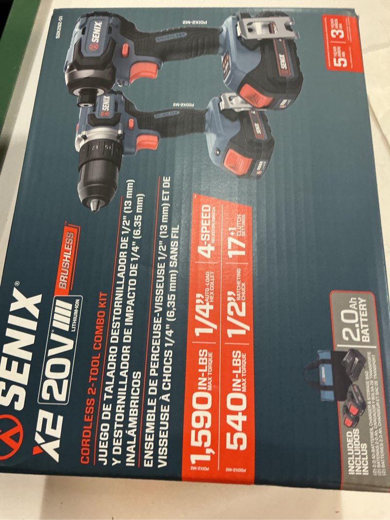 Condition photo showing New/Like New for senix x2 20-volt 2-tool brushless power tool combo kit with soft case (2-batteries included and charger included)