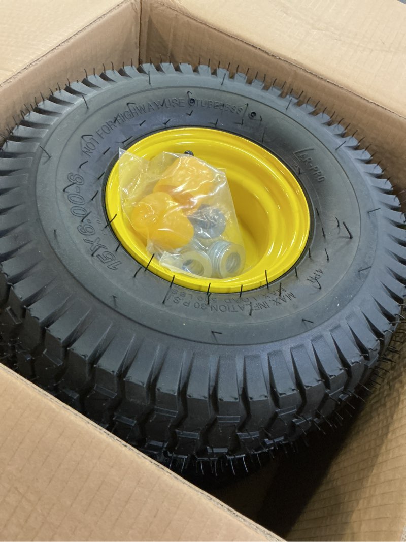 Condition photo showing Good Condition for ar-pro (2 pack) 15 x 6.00-6" tubeless tire and wheel assembly, replacement riding lawn mower front tires, compatible with john deere riding mowers and lawn tractor, 3" centered hub and 3/4" bushings 15 x 6.00-6" tubeless (centered hub) yellow