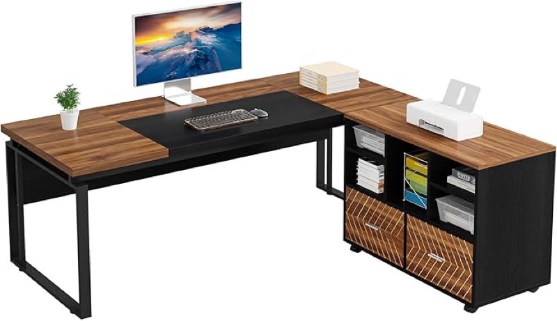 little tree large computer desk with file cabinet, 63 inch l shaped executive office desk with drawer(incomplete box b)