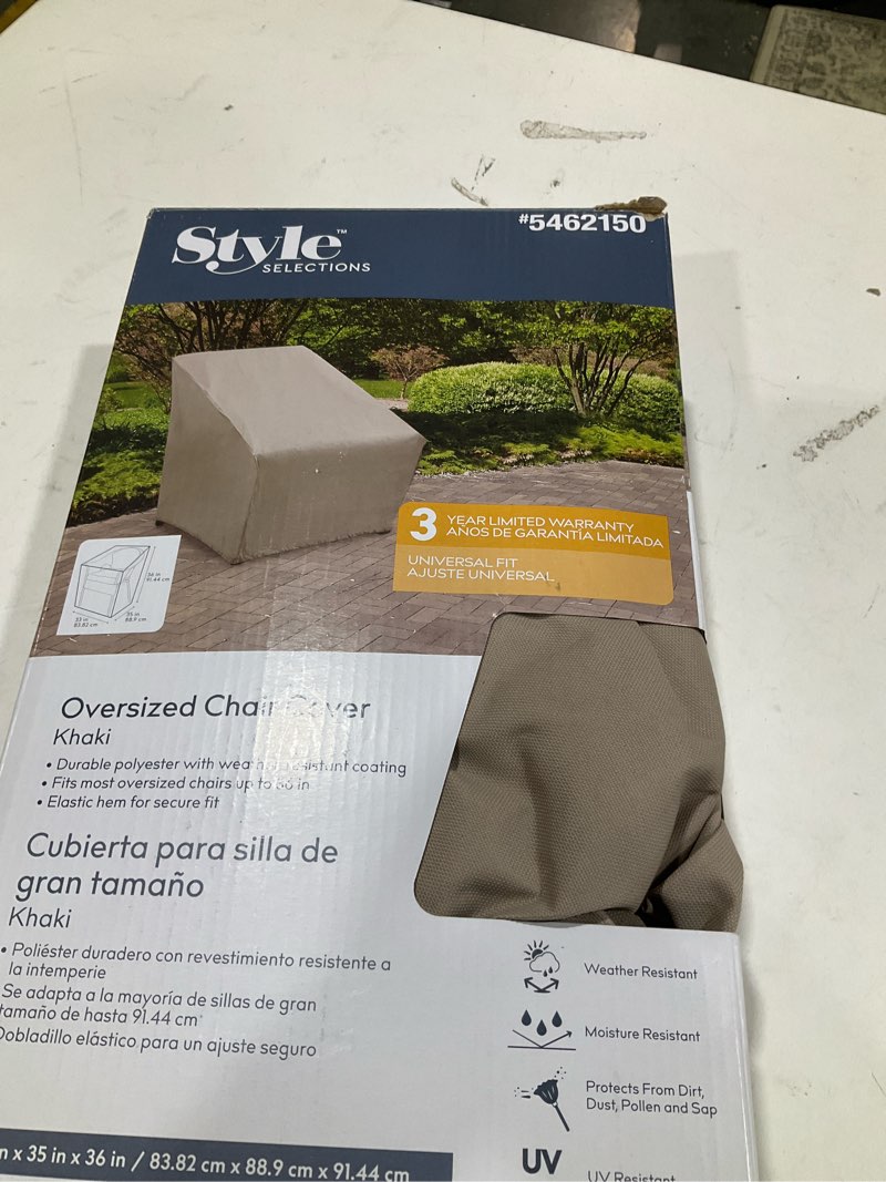 Condition photo showing As Is for style selections tan polyester patio furniture cover for oversized chair