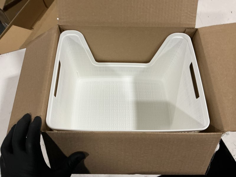 Condition photo showing Good Condition for curver set of 4 large 18l easy access jute decorative plastic organization and storage baskets - perfect bins for home office, closet shelves, kitchen pantry and all bedroom essentials, white