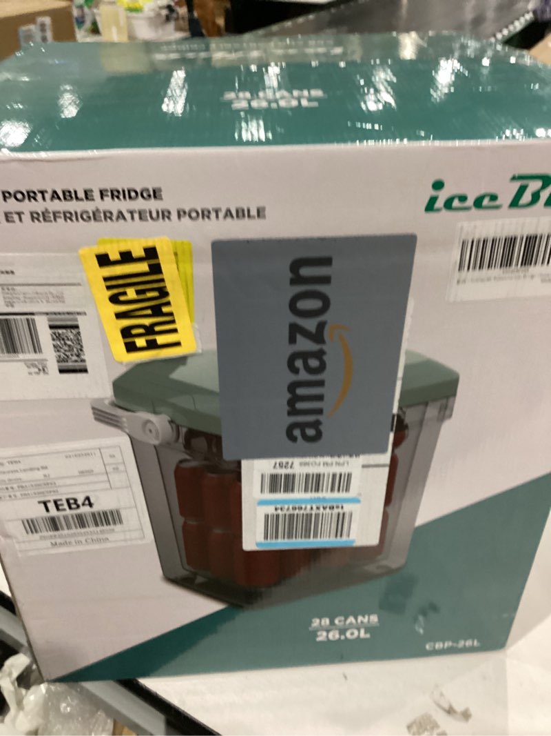 Condition photo showing As Is for Iceblue Electric Cooler, 26 Liters/28 Cans Mini Fridge with Automatic Locking Handle, 120V AC Home Power Cord & 12V Car Adapter Car Refrigerator, Car Fridge for Home, Car, Gift - Green