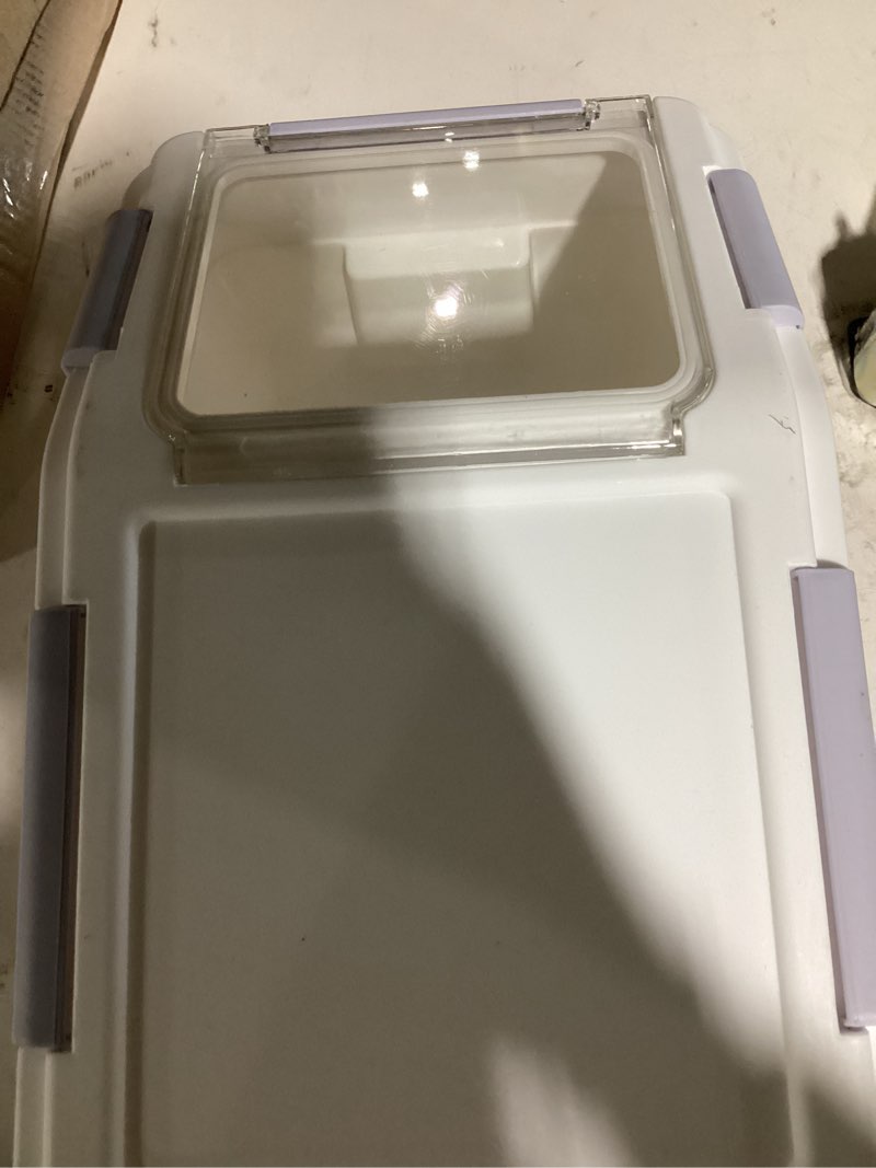 Condition photo showing Good Condition for (similar to) airtight flour storage container 25 lb rice storage container with wheels seal locking lid, food containers with measuring cup& scoop for flour, rice, grain(pink) pink 1 count