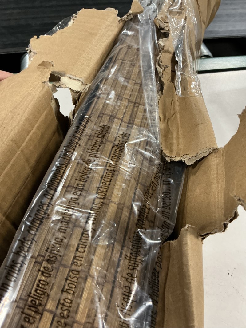 Condition photo showing As Is for cordless bamboo roman shades, 42.5×64 in, highfield teak | wide bamboo strip weaving technique, high light-blocking capacity, high level of privacy protection