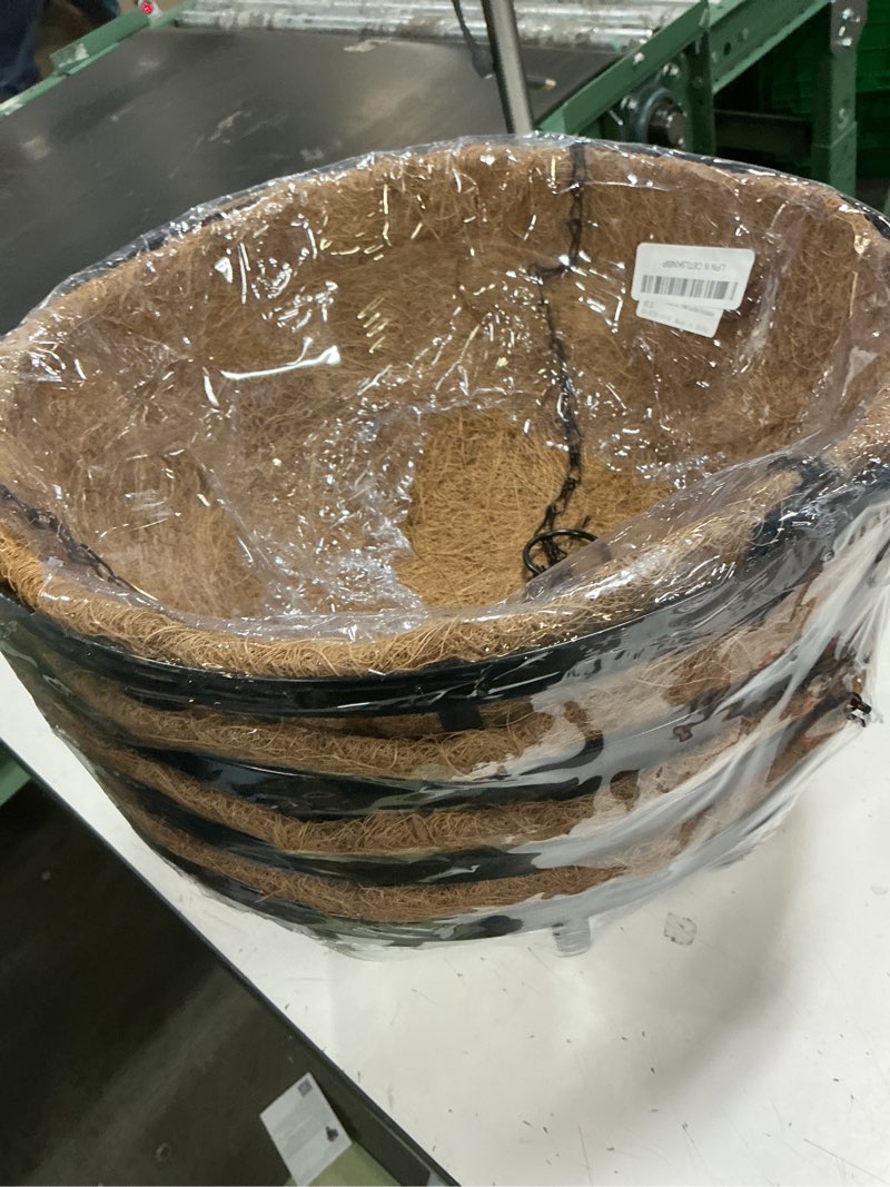 Condition photo showing New/Like New for black flat iron metal hanging planter basket with coco coir liner(4 pack, 14 inch) hanging planters for outdoor plants round plant flower pots hanging flower basket for outdoor patio garden decoration 4 14 inch