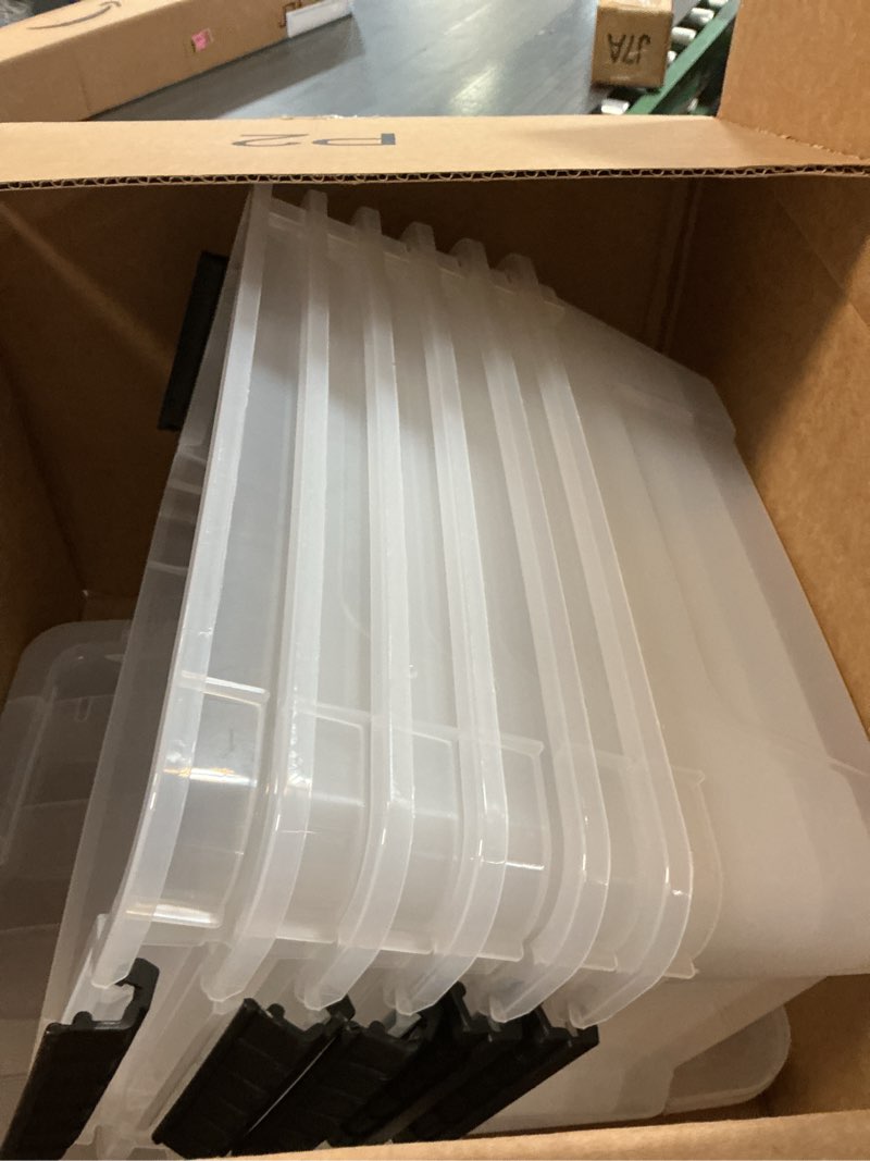 Condition photo showing Good Condition for IRIS USA 13 QT Plastic Storage Box with Lid and Latches - 6 Pack - BPA-Free, See-Through Organizing Solution, Durable Nestable Stackable Containers, Secure Pull Handle - Clear Clear 13 Qt 6 Pack