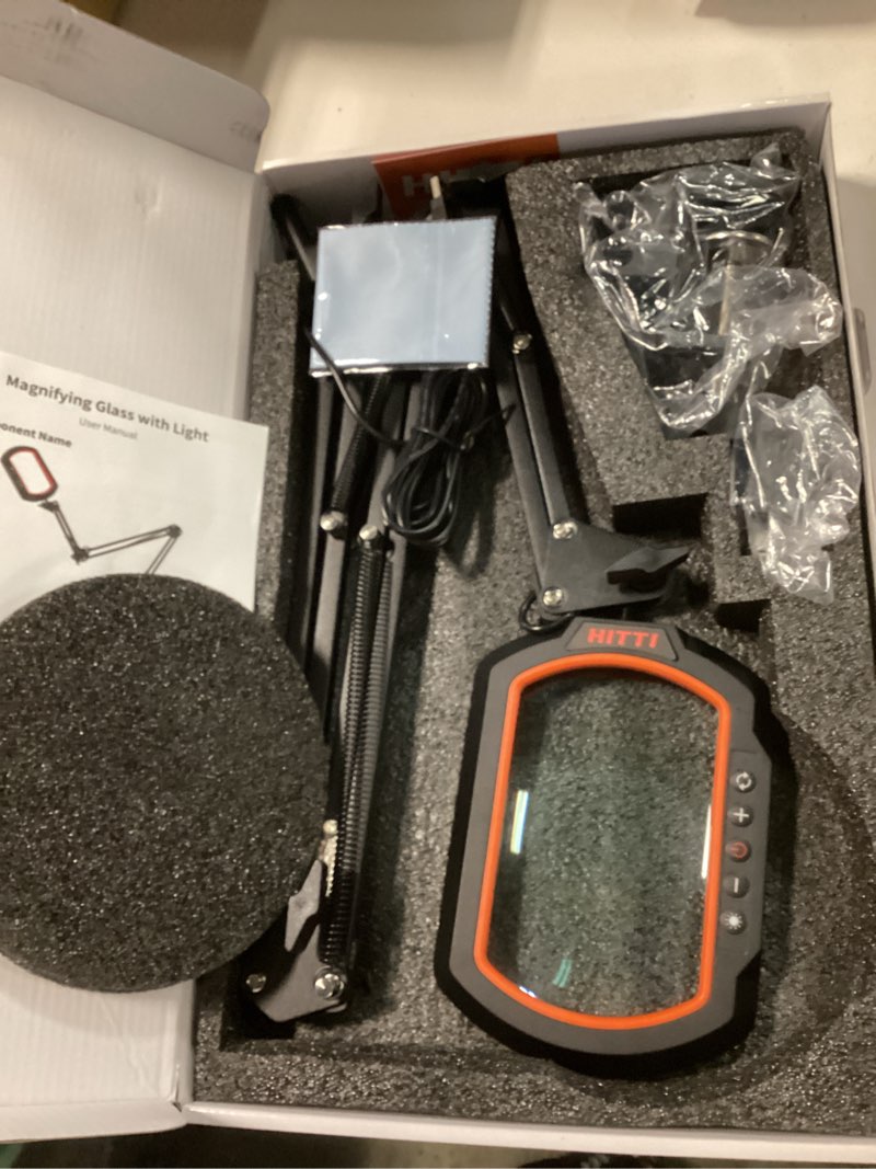 Condition photo showing Good Condition for HITTI 12X Square Magnifying Glass with Light and Clamp, Hands-Free Lighted Stand with Ultra Long 3-Section Arm | 5 Color Modes & Stepless Dimming LED Desk Lamp for Workbench, Crafting, Reading -Yellow 12X Square Lamp Head Yellow