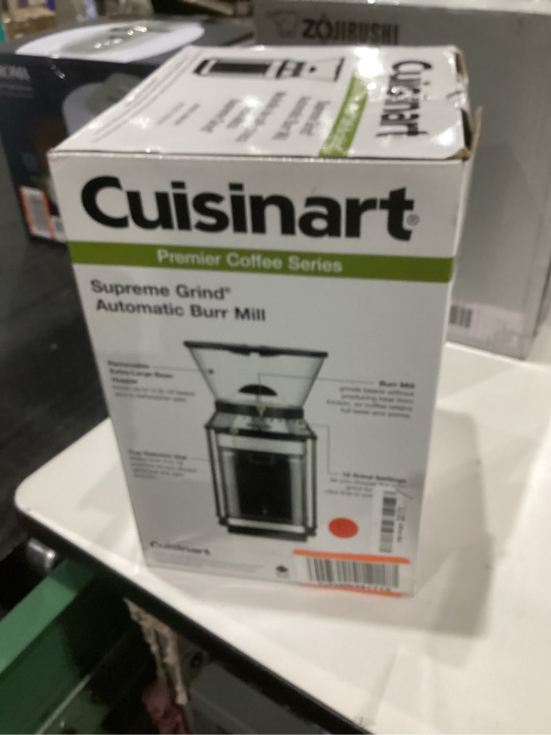 Condition photo showing As Is for cuisinart coffee grinder, electric one-touch automatic burr coffee grinder with 18-position grind selector, cup size selector for 4 – 18 cups, dbm-8p1, black stainless burr mill stainless steel