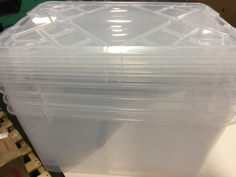 Condition photo showing As Is for Office Depot® Brand by GreenMade® Instaview Storage Container With Latch Handles/Snap Lids, 45 Qt, 16-1/2" x 15-3/4" x 21-1/2", Clear, Pack Of 4