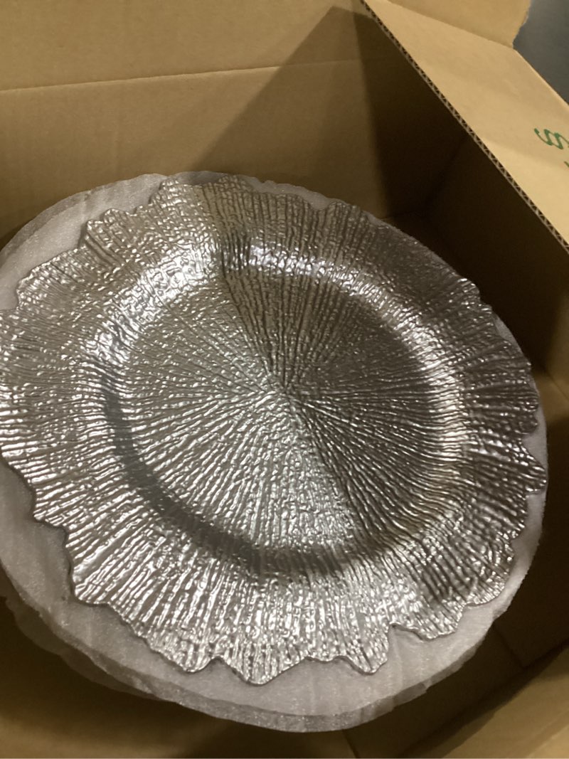 Condition photo showing As Is for maoname 13" round silver charger plates, reef chargers for dinner plates, plastic plate chargers for wedding, table decor, set of 8