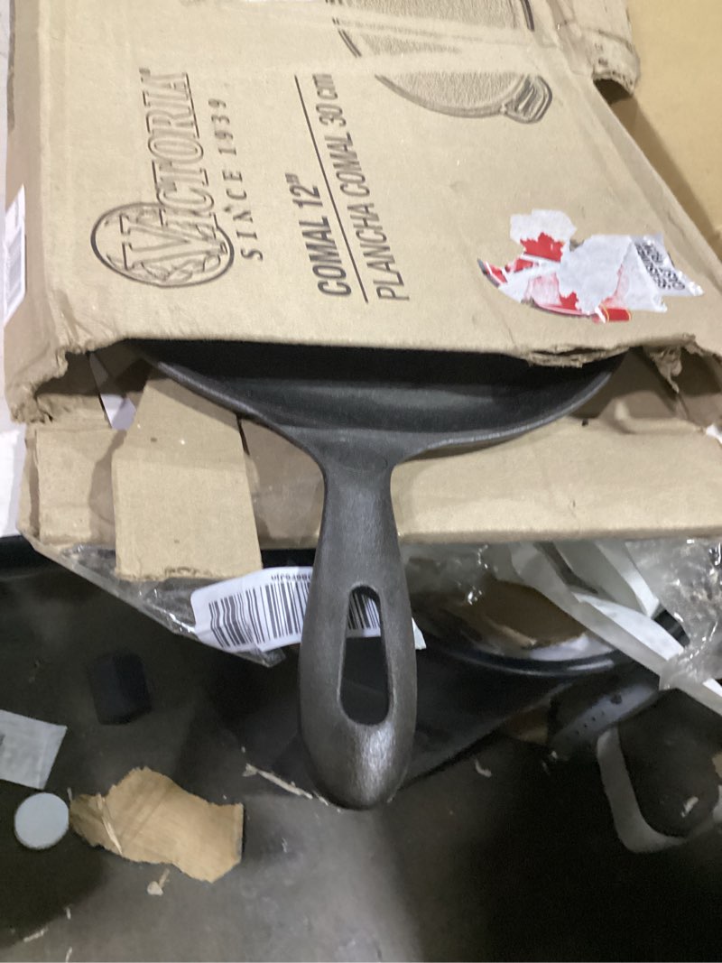 Condition photo showing As Is for victoria 12-inch cast iron comal pizza pan with a long handle and a loop handle, preseasoned with flaxseed oil, made in colombia 12 inch pizza pan