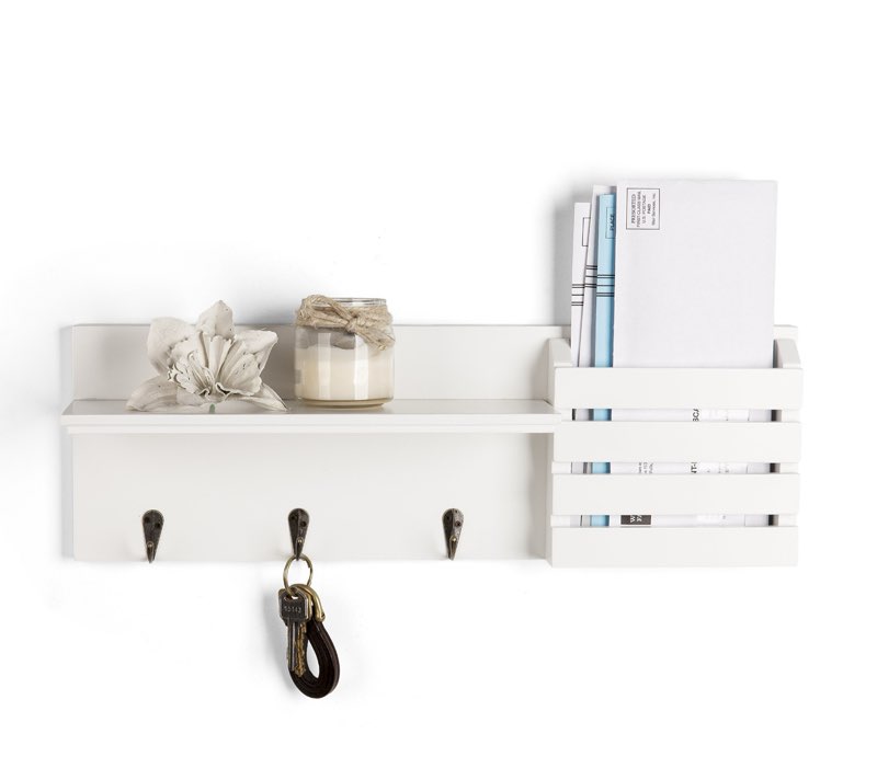 Danya B. Entryway Utility Wall Shelf with Pocket and Hanging Hooks (White)
