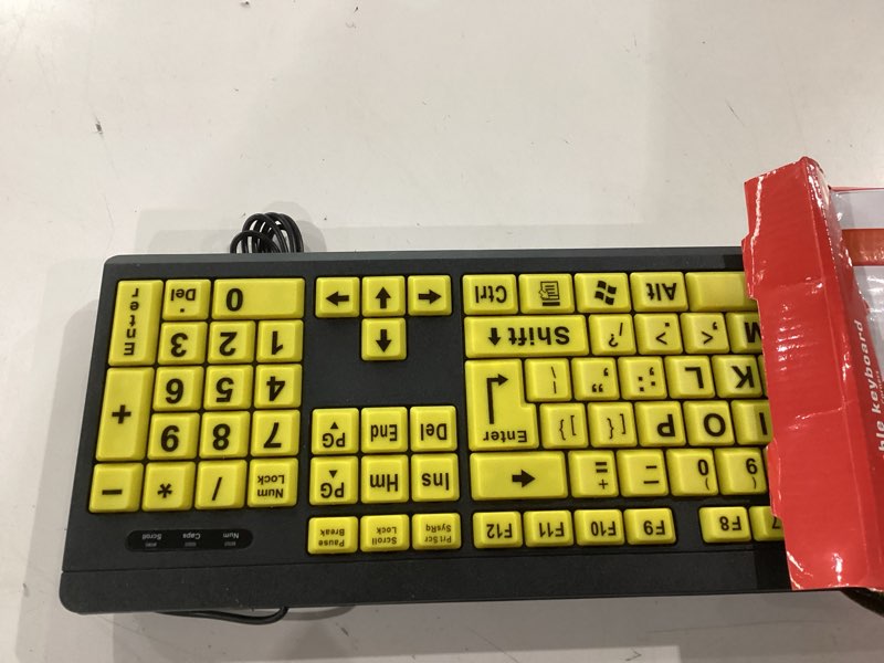 Condition photo showing item condition for large print computer keyboard, wired usb high contrast keyboard with oversized print letters for visually impaired low vision individuals (yellow+black)