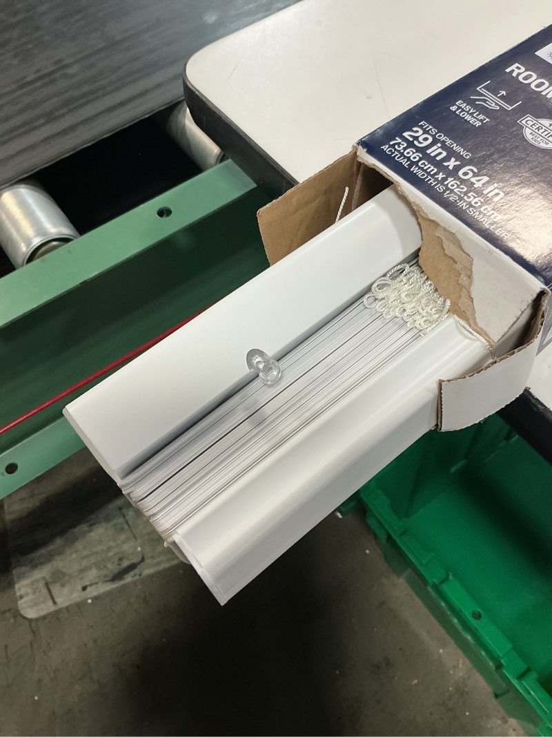 Condition photo showing As Is for project source room darkening 1-in slat width 29-in x 64-in cordless white vinyl room darkening mini-blinds