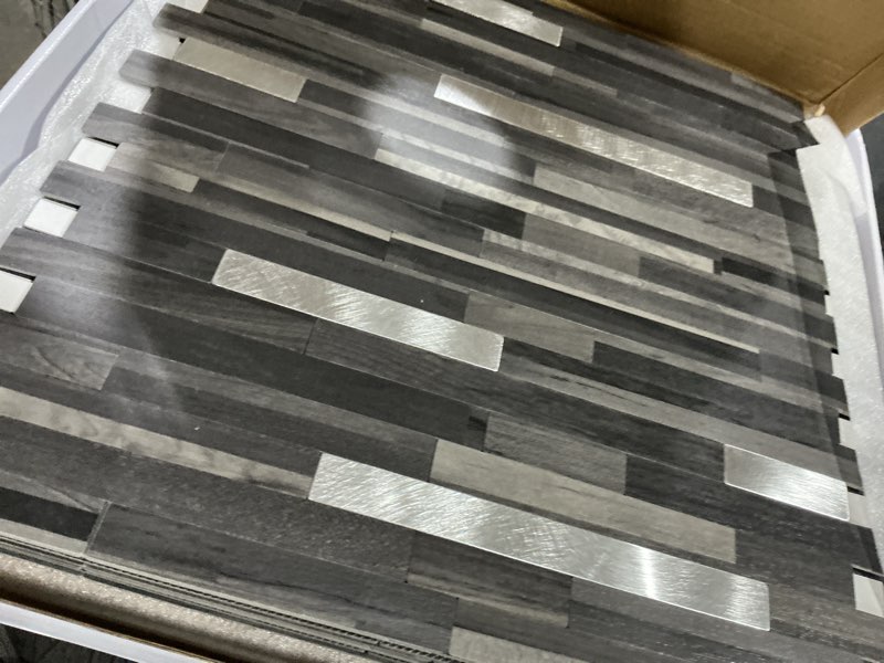 Condition photo showing Good Condition for 10 pieces peel and stick pvc mosaic backsplash,for kitchen backsplash,etc 10 black grey wood with metal silver