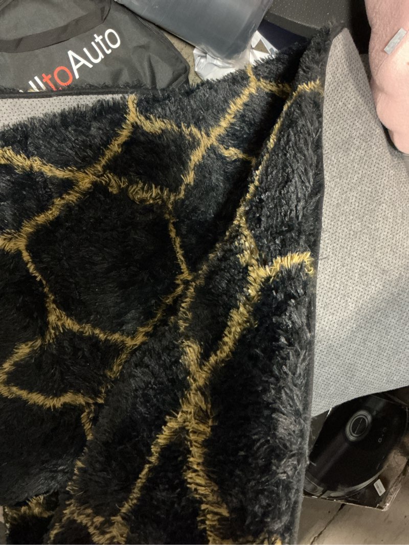 Condition photo showing As Is for onasar 5x7 area rugs for living room bedroom, fluffy black and gold faux fur rug, geometric boho soft plush shaggy floor carpet mat for nursery kids girls boys teen dorm home office decor 5' x 7' (rectangular) 2- black / gold