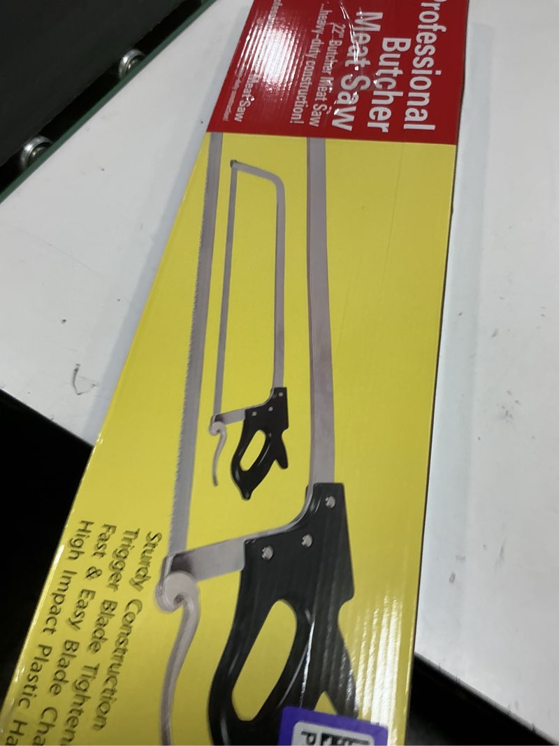 Condition photo showing New/Like New for 22 inch butcher saw meat and bone, professional meat processing saw with stainless steel blade, quick release black tightening cam comfort handle, for household, processed livestock and game