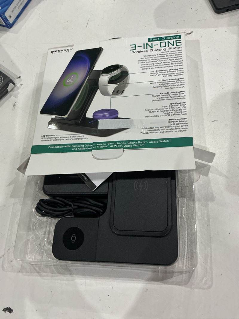 Condition photo showing New/Like New for merkury innovations 3-in-1 wireless charging station for iphone, apple watch, airpods, samsung galaxy phone, watch & buds – foldable, black