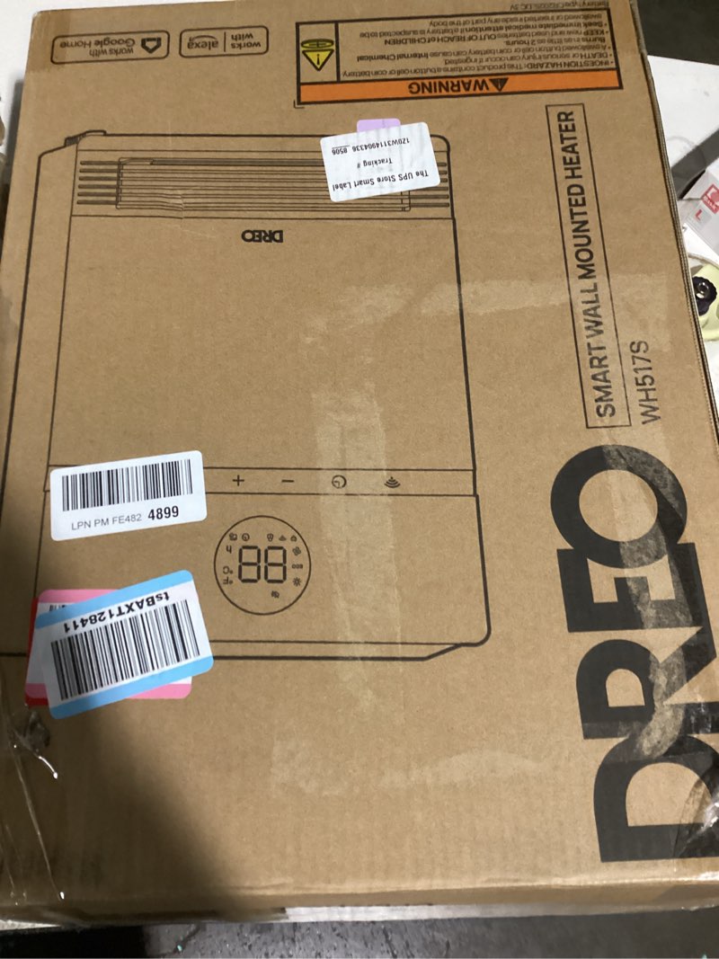 Condition photo showing New/Like New for dreo smart wall heater, ip24 electric ptc space heaters for indoor use, 30° oscillation, adjustable thermostat, remote control, works with alexa, 24h timer, easy-mounted for office, bedroom, home white standard