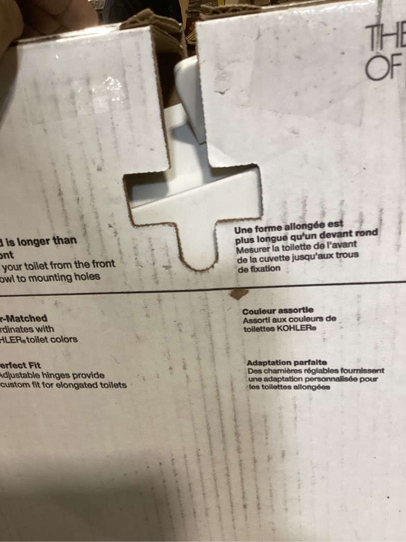 Condition photo showing New/Like New for kohler k-20110-0 brevia elongated toilet seat with grip-tight bumpers, quiet-close seat, quick-attach hardware, white