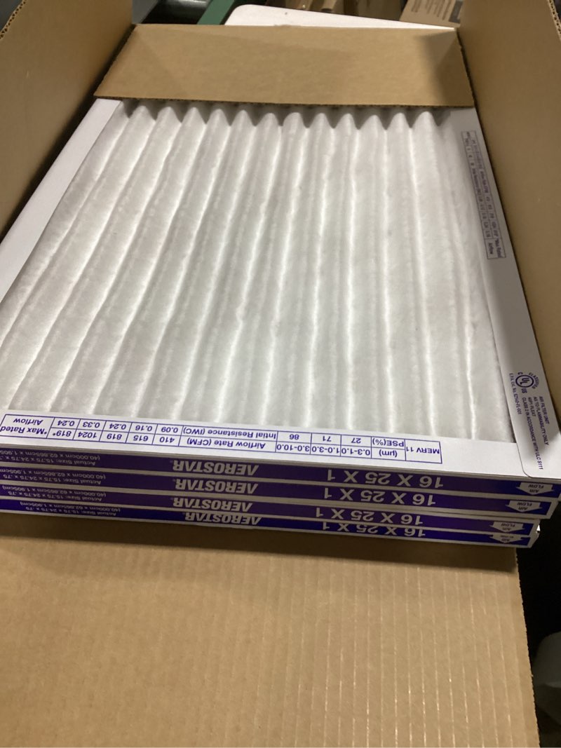 Condition photo showing New/Like New for aerostar 16x25x1 merv 13 - 4 count - pleated hvac, furnace & air conditioner filters - removes bacteria, dust, cold & flu germs, lint, mold, pet dander, allergy-causing pollen, smog, smoke & viruses 4 pack merv 13 pro