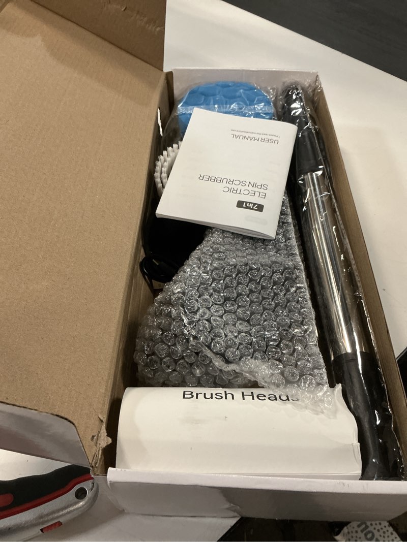 Condition photo showing New/Like New for shower scrubber with long handle - bathroom power electric spin scrubber for cleaning bathtub with 7 brush heads - cordless ipx7 waterproof automatic for grout, tile, tub, toilet, car black