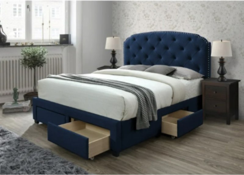 (Incomplete only footboard and side rails)(box 2/3)DG Casa Argo Tufted Upholstered Panel Bed Frame with Storage Drawers and Nailhead Trim Headboard, Queen Size Storage Bed in Blue Faux Velvet Fabric