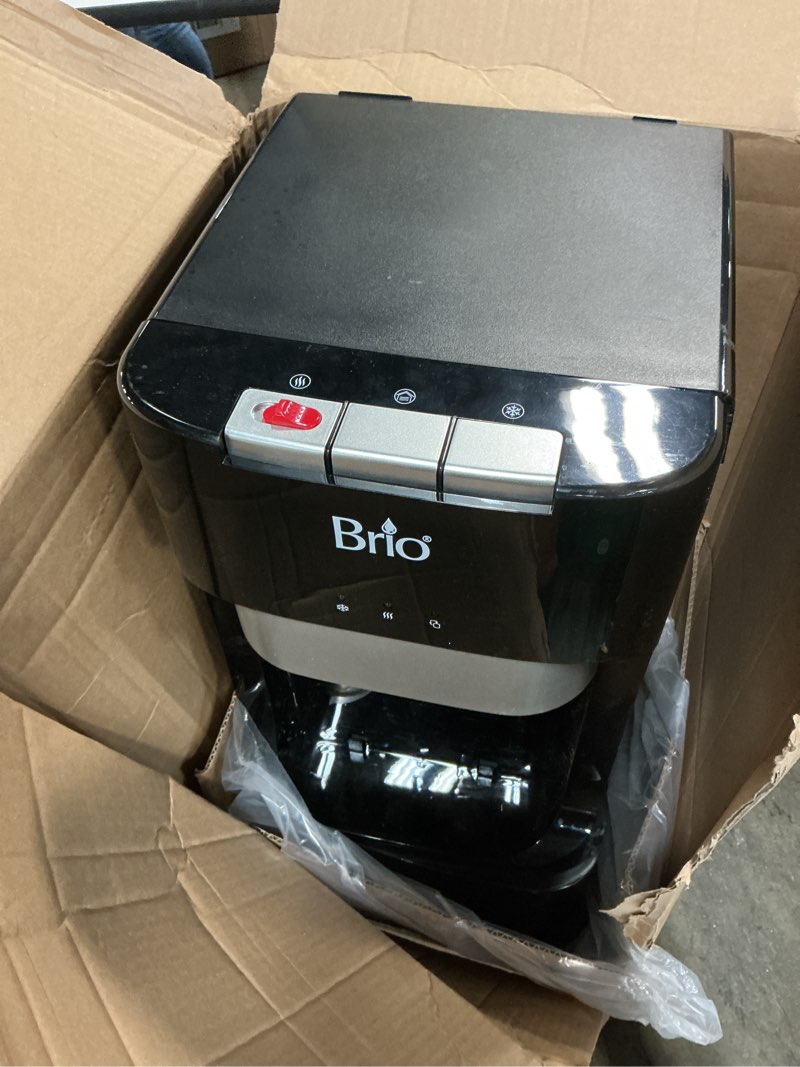 Condition photo showing As Is for brio bottom loading water cooler dispenser for 5 gallon bottles - 3 temperatures with hot, room & cold spouts, child safety lock, led display with empty bottle alert, stainless steel
