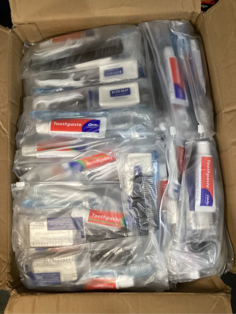 Condition photo showing Good Condition for hqslsund 100 sets personal hygiene kit basic toiletry kits homeless supplies bulk for women,men,travel,charity,business include 100 toothbrush,100 toothpaste,100 comb,100 bath soap,500 floss pick 1 count (pack of 100)