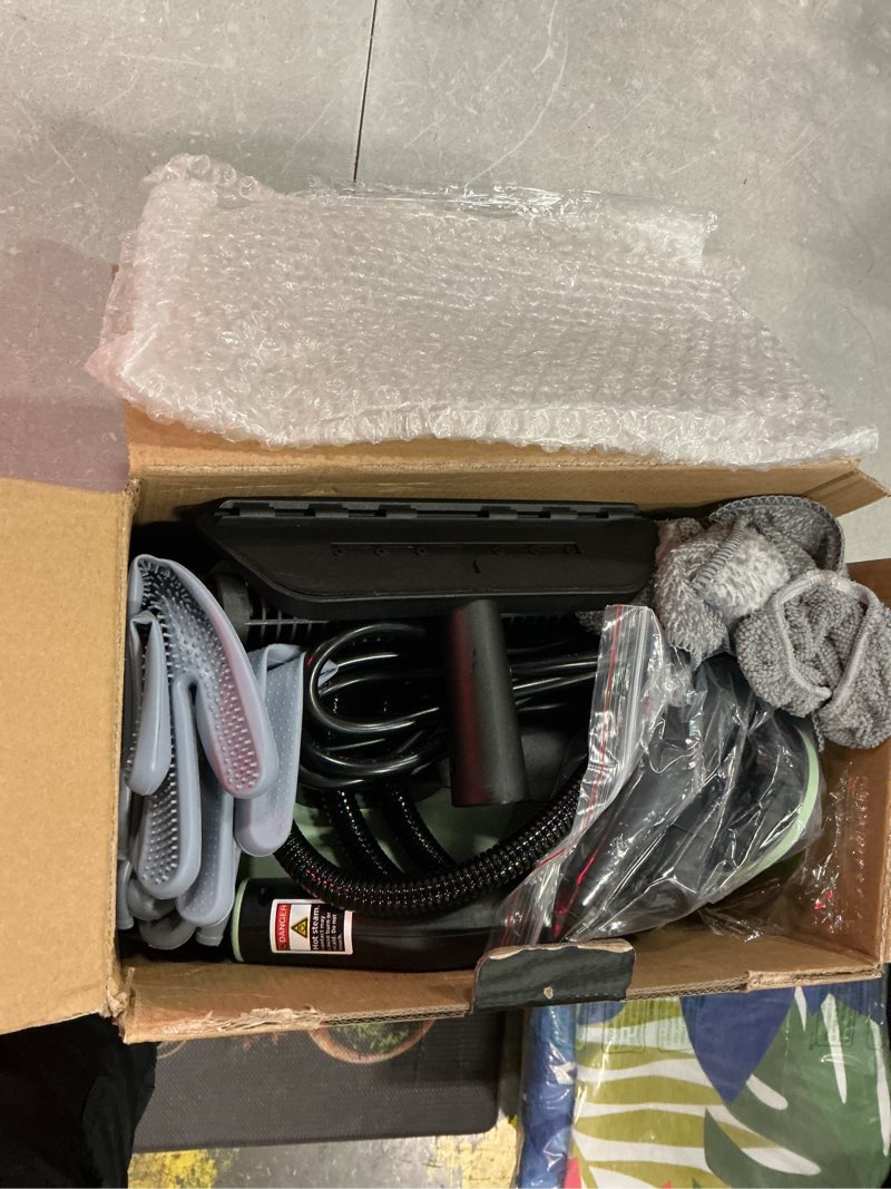 Condition photo showing Good Condition for steam cleaner, portable steamer for cleaning with 16pcs accessories, 6-level adjustable and 15s heat-up, handheld steam cleaner for home, tile, dirt, grout, grease, car detailing green