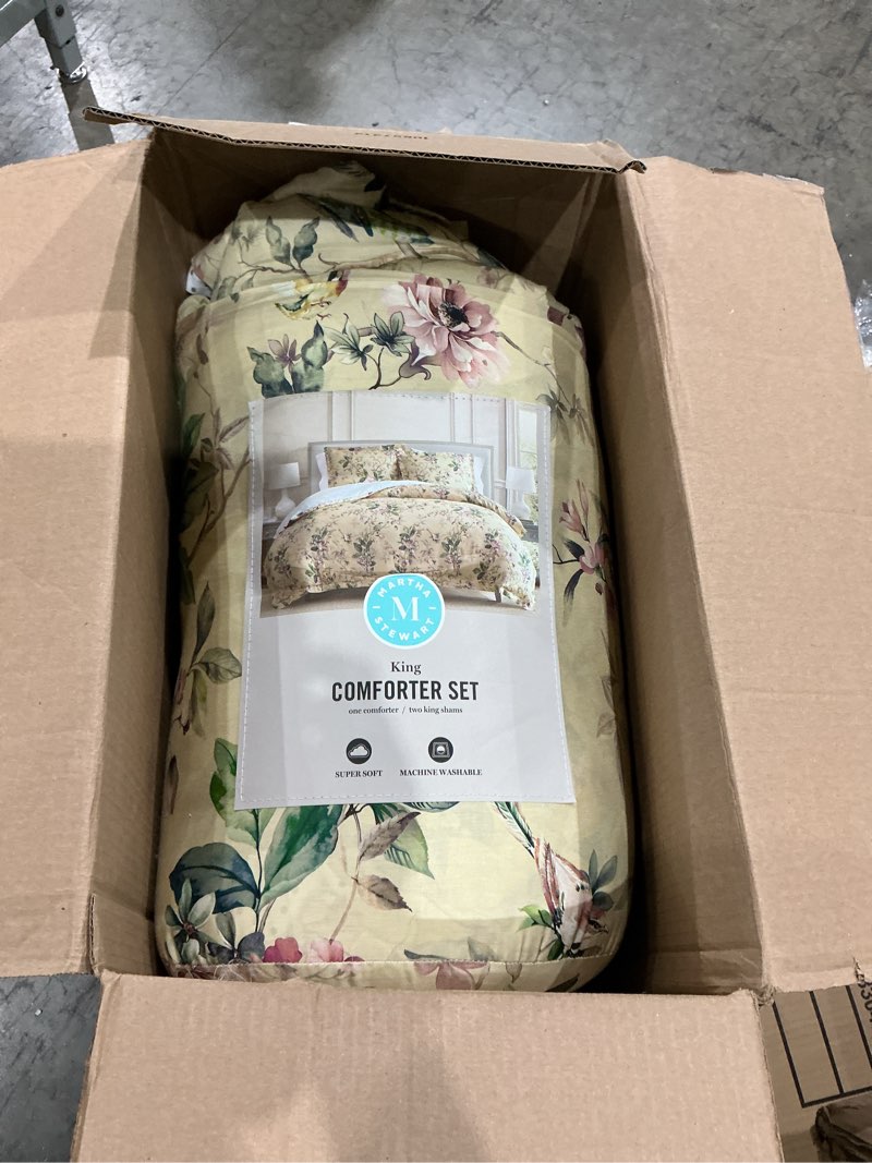Condition photo showing As Is for martha stewart - king comforter set, 100% silky smooth cotton sateen floral bedding for year round comfort, 3 piece bed set with matching pillowcases (songbird yellow) king songbird yellow