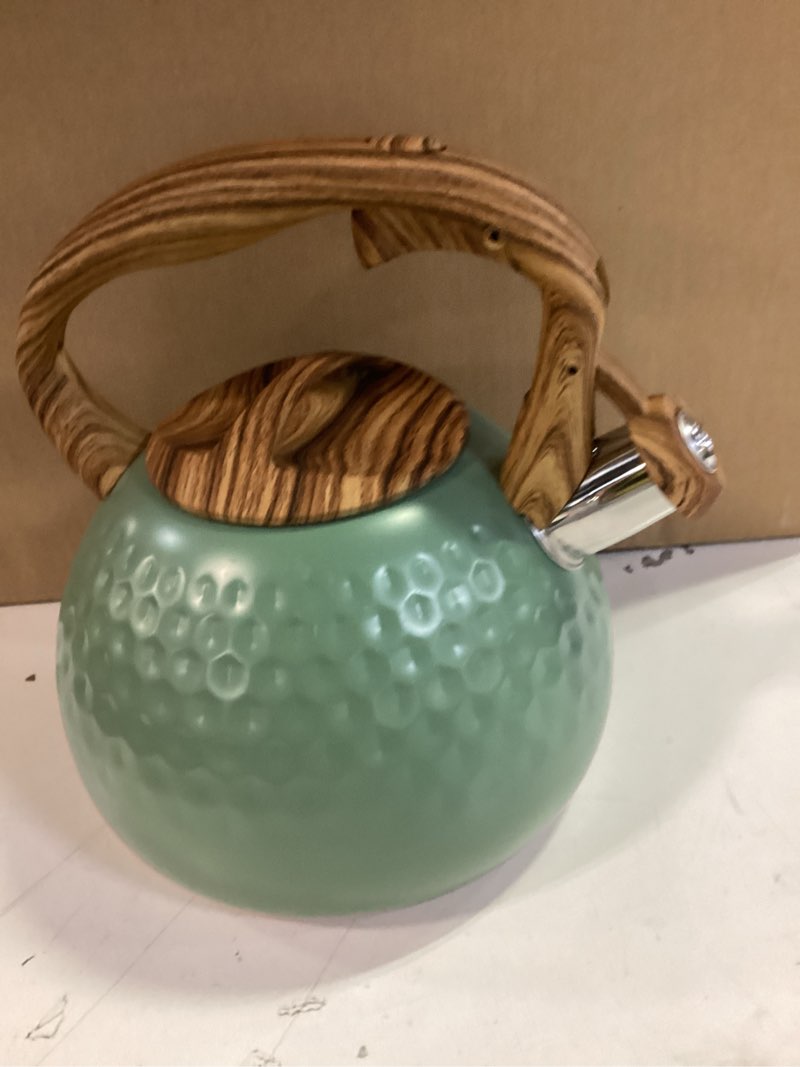 Condition photo showing Good Condition for Stovetop Whistling Tea Kettle 3.2QT - Stainless Steel with Wood Grain Handle, Loud Whistle Kettle for Tea, Coffee & Milk, Ergonomic Grip & Balanced Pour Spout (Emerald Green)