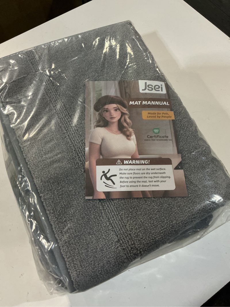 Condition photo showing New/Like New for jsei non-slip bathroom rugs, self adhesive no sliding bath rugs set of 2, machine washable absorbent bath mat set for tub shower & single sink 24”x36”+24”x60”, light grey, rectangular pattern light grey 24''x36''+24''x60''(rectangular pattern)