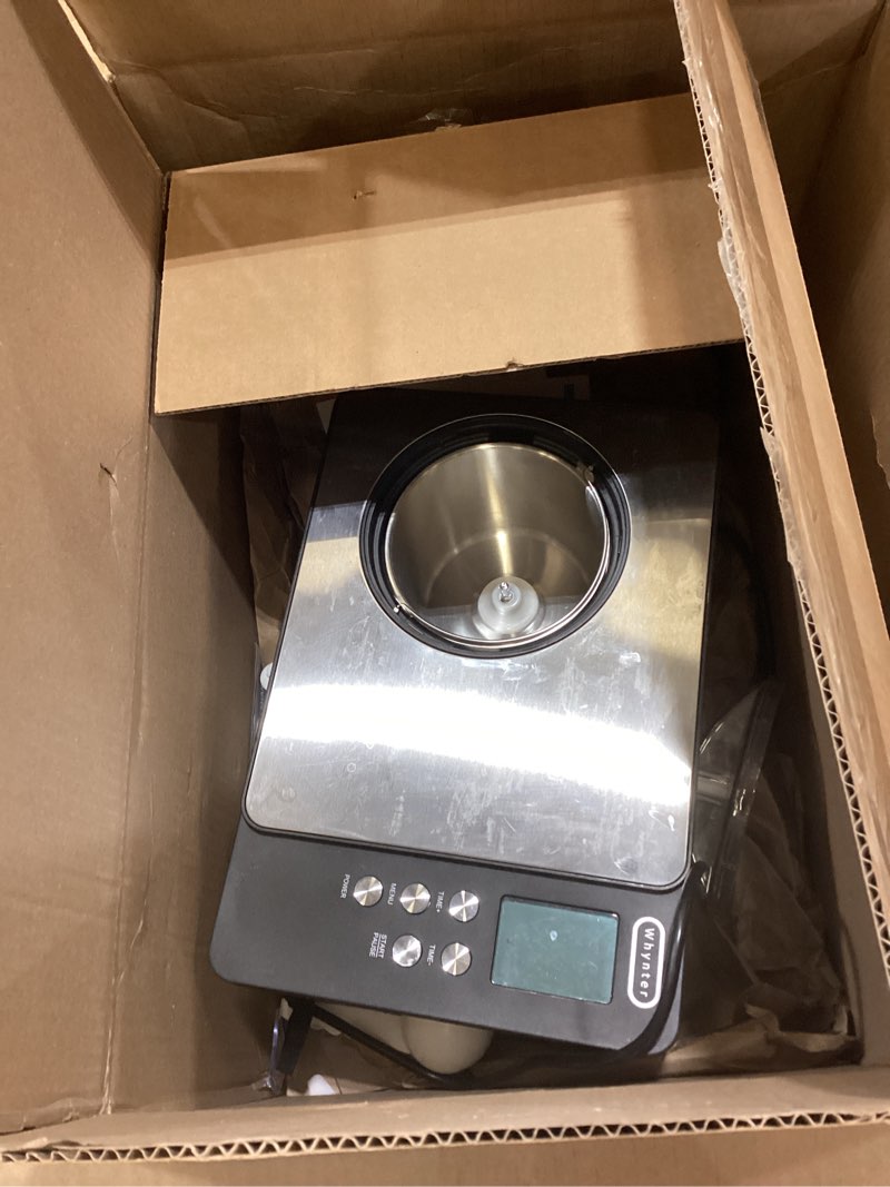 Condition photo showing As Is for whynter ice cream maker machine automatic 2.1 qt. with built-in compressor, lcd digital display & timer, no pre-freezing, icm-200ls, stainless steel 2.1 quart stainless steel