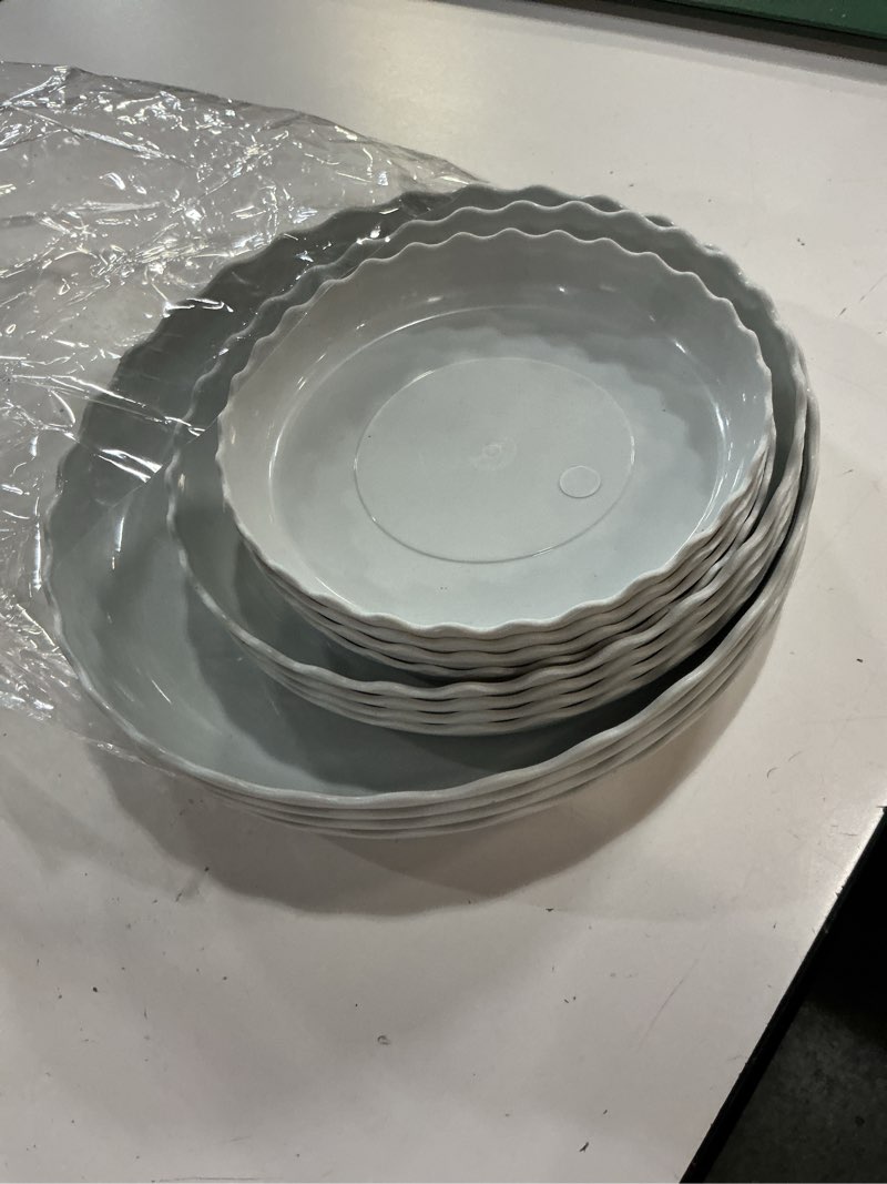 Condition photo showing Good Condition for fireboomoon 12 pack plastic white round wave plant saucer,durable heavy duty flower plant pot drip tray container for home garden indoor and out door plant (6 inch/8 inch/10 inch)